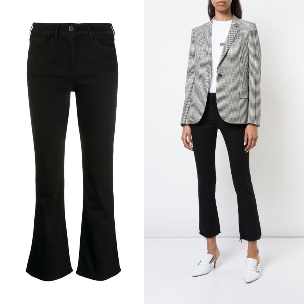 3x1 • Baby Boot cropped flare jeans Black Tear raw hem mid rise stretch denim